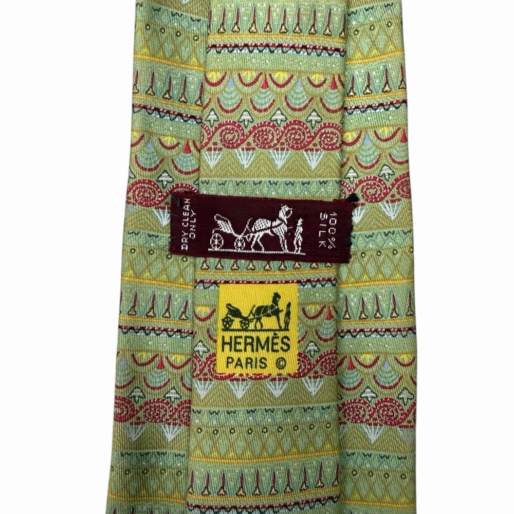 Hermes Men's Tie Ethnic Tribal Green & Red Silk 7721 OA 3 5/8" (W) x 61" (L) guc